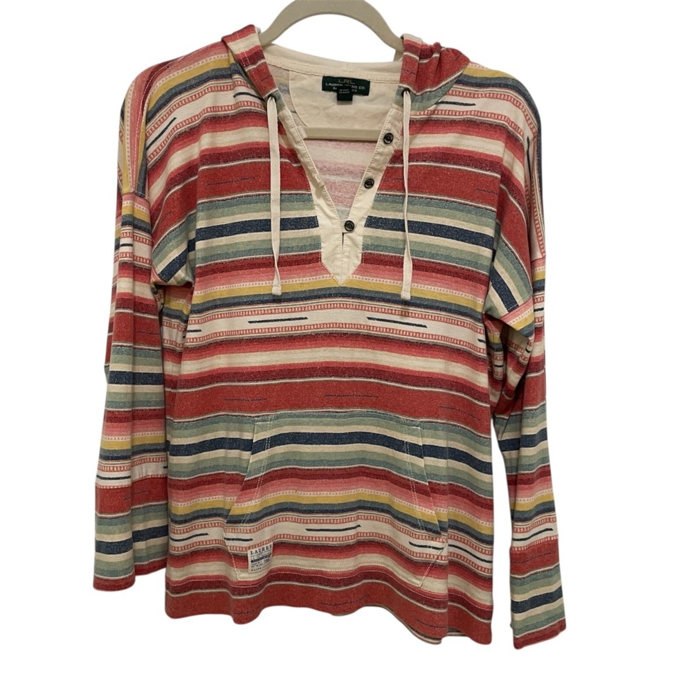 Lauren Ralph Lauren Hoodie Womens Medium Multi Color Striped Henley Southwestern